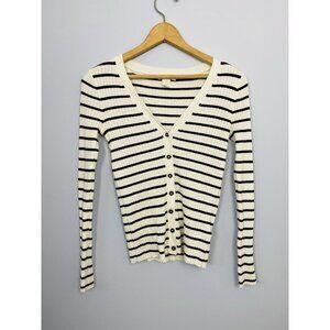H&M Basics Womens Size Small Black and White Striped Ribbed Cardigan V-Neck Y2K